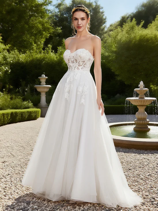 White Lace Bridal/Wedding Dress Strapless Sleeveless A-Line Gown