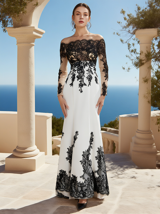 White Lace Mesh Bridal/Wedding Dress Crew Neck Long Sleeve Sheath Gown