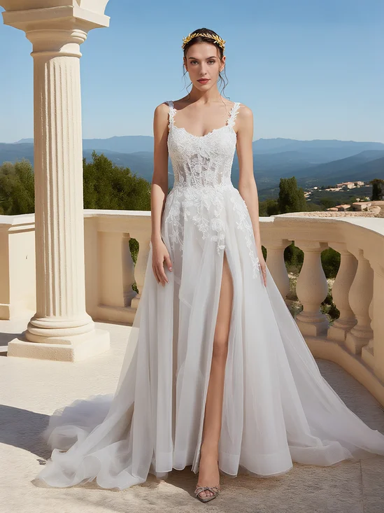 White Split Joint Ruched Bridal/Wedding Dress V Neck Sleeveless A-Line Gown