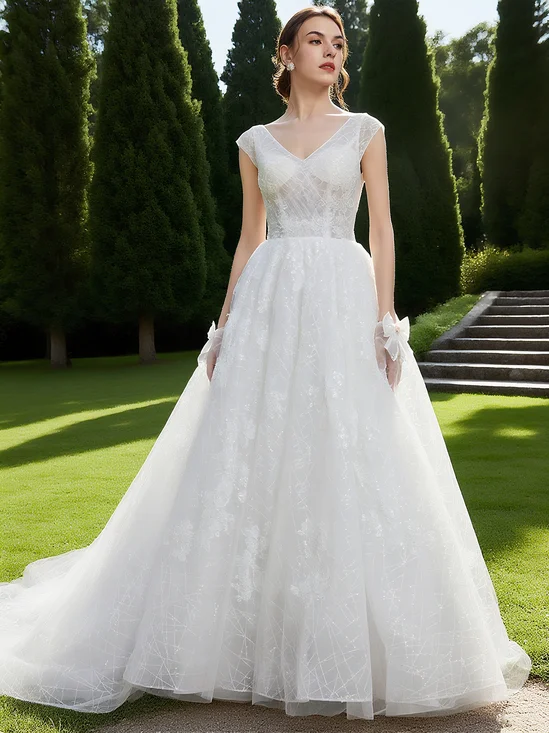 White Mesh Bridal/Wedding Dress V Neck Sleeveless A-Line Gown