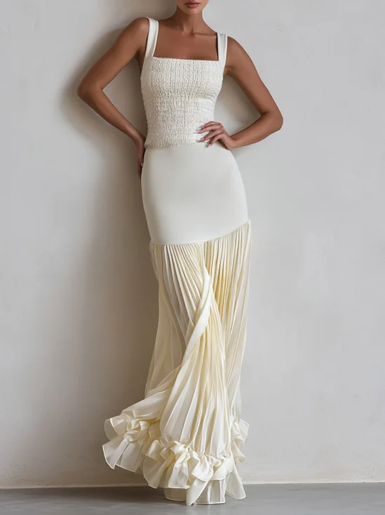 Off White Ruched Split Joint Knit Spaghetti Sleeveless Sheath Maxi Dress