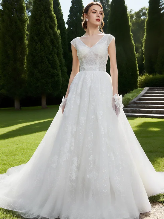 White Mesh Bridal/Wedding Dress V Neck Sleeveless A-Line Gown