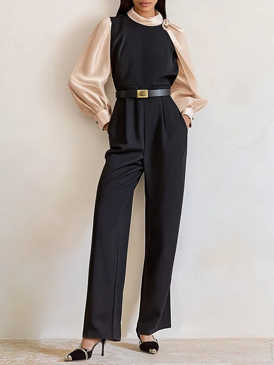 Women Black Split Joint Buckle Stand Collar Long Sleeve Dressy Jumpsuit