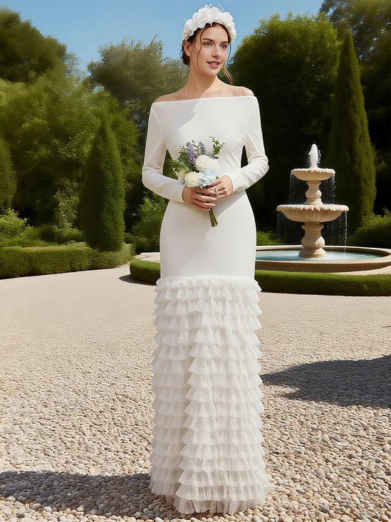 Off White Ruched Classic Off The Shoulder Long Sleeve Mermaid Gown Bridal/Wedding Dress