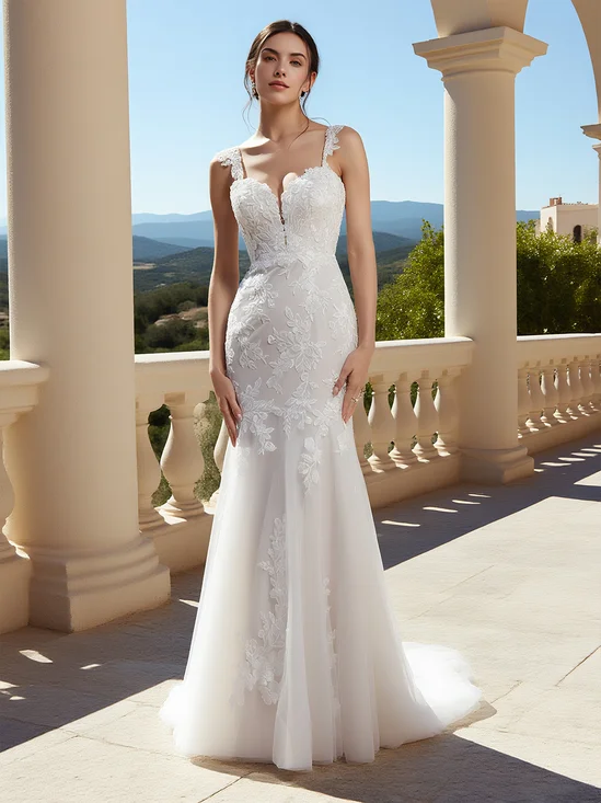White Lace Bridal/Wedding Dress Spaghetti Gallus Mermaid Gown