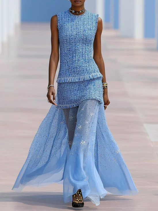 Blue Rhinestone Tassel Tweed Crew Neck Sleeveless A-Line Maxi Dress