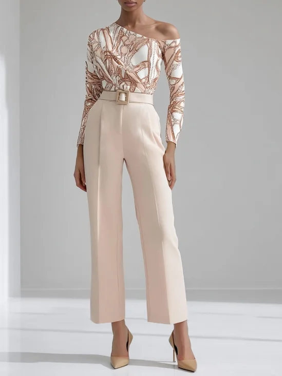 Women Apricot Printing Asymmetrical Long Sleeve Dressy Jumpsuit