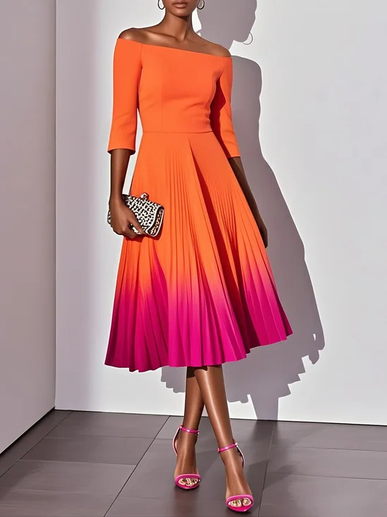 Orange Pleated Ombre Classic Off The Shoulder Half Sleeve A-Line Midi Dress