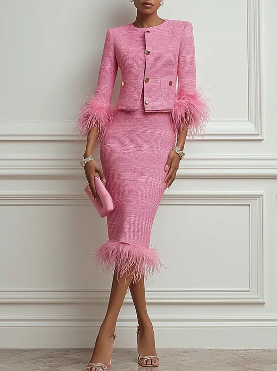 Women Tweed Rose Red Feather-trimmed Buckle Crew Neck Three Quarter Sleeve Dressy Coat With Skirt Two-Piece Set