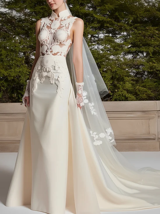 White Lace Hollow Out Wedding Dress Stand Collar Sleeveless Sheath Gown Dress