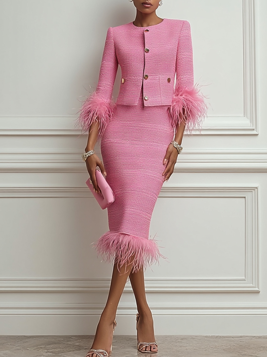 Women Tweed Rose Red Feather-trimmed Buckle Crew Neck Three Quarter Sleeve Dressy Coat With Skirt Two-Piece Set