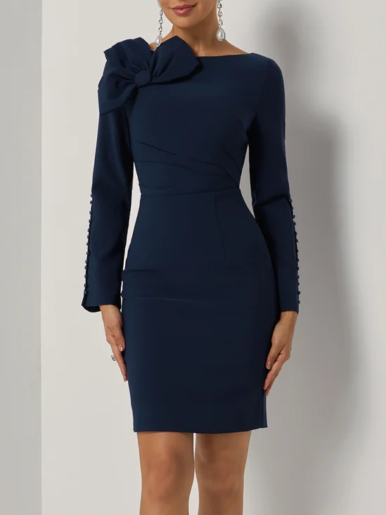 Purplish blue 3D Floral Ruched Classic Boat Neck Long Sleeve Sheath Midi Dress