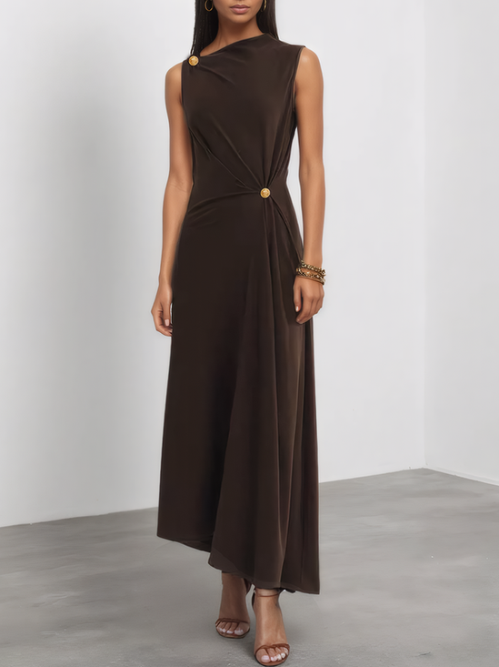 Brown Buckle Ruched Knit Asymmetrical Sleeveless A-Line Maxi Dress