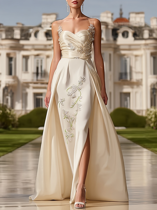 White Lace Embroidery Wedding Dress Spaghetti Sleeveless A-Line Gown Dress
