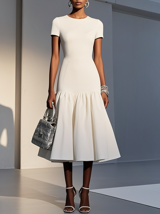 White Knit Crew Neck Short Sleeve Mermaid Midi Dress