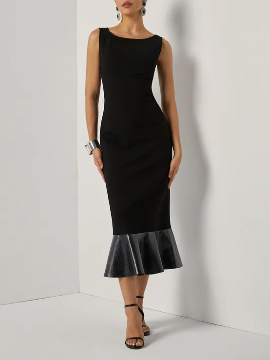 Black Knit Boat Neck Sleeveless Mermaid Midi Dress