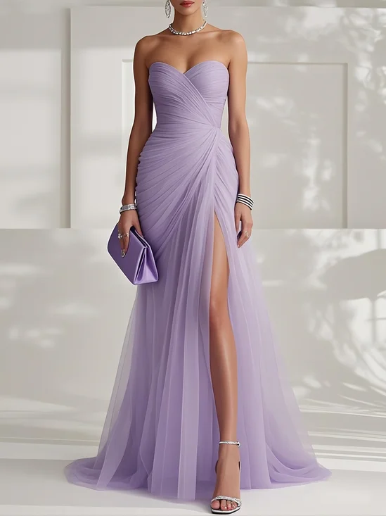 Light Blue Ruched Slit Chiffon Strapless Sleeveless Sheath Gown Dress