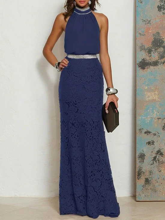 Purplish blue Rhinestone Ruched Lace Crew Neck Sleeveless Mermaid Gown Dress