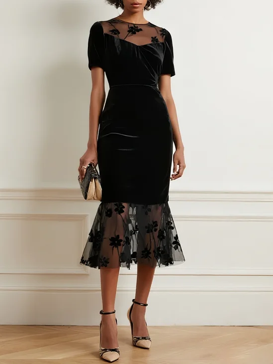 Black Mesh Floral Velvet Crew Neck Short Sleeve Mermaid Midi Dress