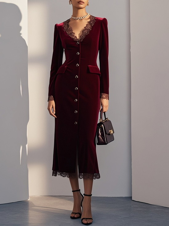 Wine Red Lace Buckle Velvet V Neck Long Sleeve Sheath Midi Dress