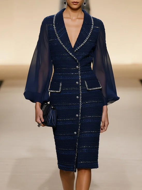 White Mesh Webbing Tweed Blazer Shawl Collar Long Sleeve Balloon Sleeve Sheath Midi Dress