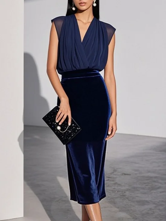 Blue Mesh Velvet V Neck Cap Sleeve Sheath Midi Dress
