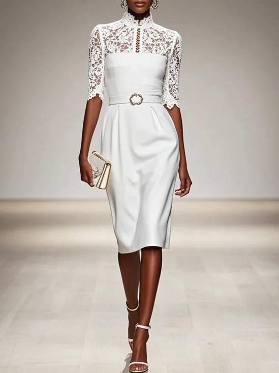 White Lace Classic Mock Neck Half Sleeve Sheath Midi Dress