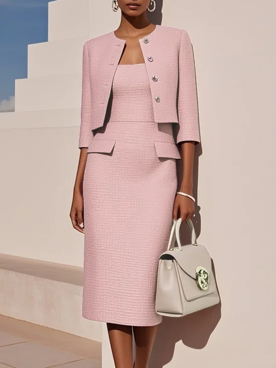 Women Tweed Pink Buckle Crew Neck Half Sleeve Dressy Coat With Dress Two-Piece Dress