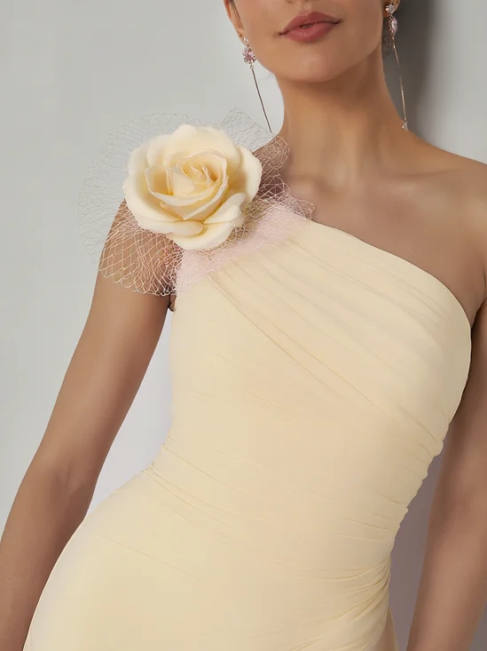 Pink 3D Floral Chiffon One Shoulder Sleeveless Sheath Gown Dress