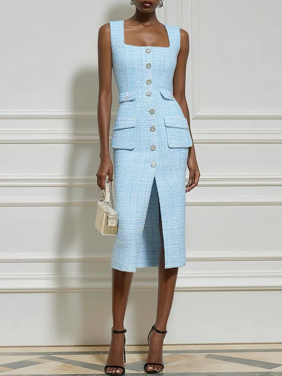 Blue Buckle Slit Tweed Square Neck Sleeveless Sheath Midi Dress