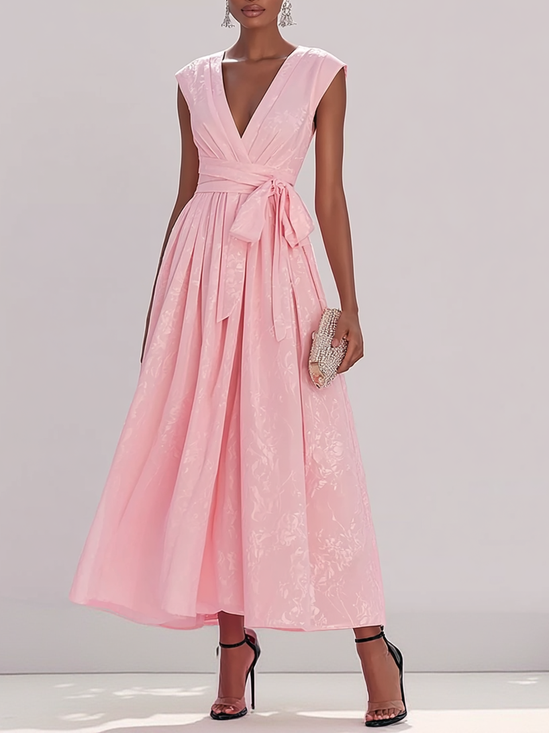 Pink Jacquard Bow Classic V Neck Cap Sleeve A-Line Midi Dress