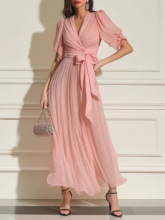 Pink Ruched Bow Chiffon V Neck Short Sleeve Sheath Maxi Dress