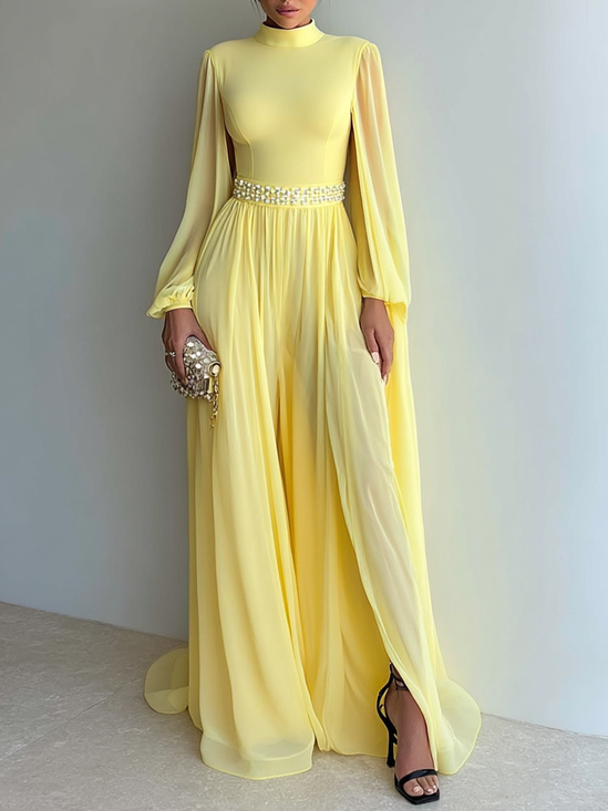 Yellow Beaded Ruched Chiffon Mock Neck Long Sleeve A-Line Gown Dress