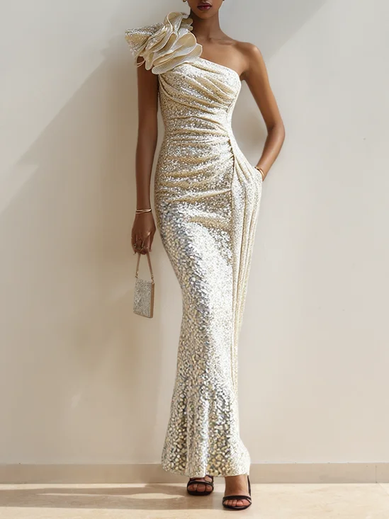 Silver 3D Floral Ruched Sequin One Shoulder Sleeveless Mermaid Maxi Dress
