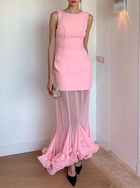 Pink Split Joint Peplum Classic Boat Neck Sleeveless Mermaid Maxi Dress