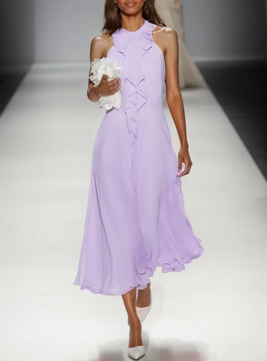 Pink Bow Peplum Chiffon Crew Neck Sleeveless A-Line Midi Dress