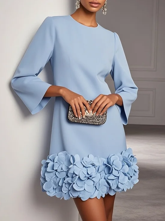 Light Blue 3D Floral Classic Crew Neck Long Sleeve H-Line Mini Dress