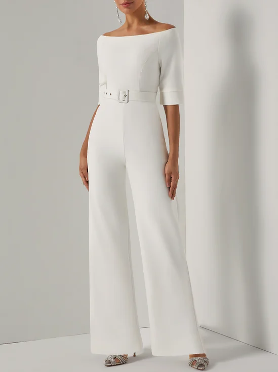 Women White Off The Shoulder Half Sleeve Dressy Jumpsuit