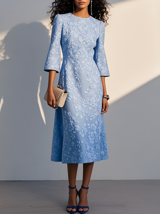 Blue Floral Jacquard Classic Crew Neck Three Quarter Sleeve A-Line Midi Dress