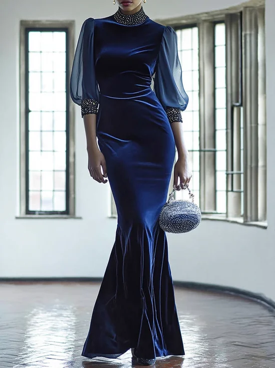 Royal Blue Rhinestone Velvet Stand Collar Half Sleeve Mermaid Maxi Dress