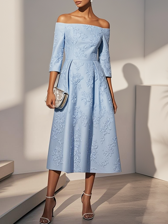 Light Blue Jacquard Classic Off The Shoulder Half Sleeve A-Line Midi Dress