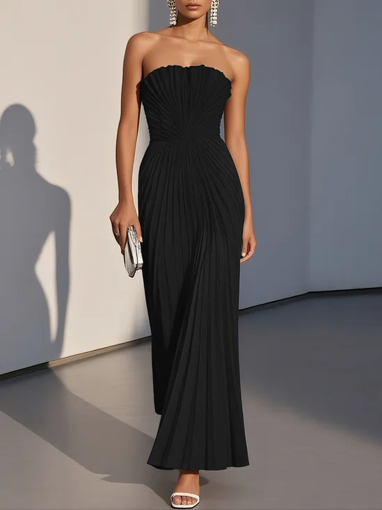 White Pleated Classic Strapless Sleeveless A-Line Maxi Dress