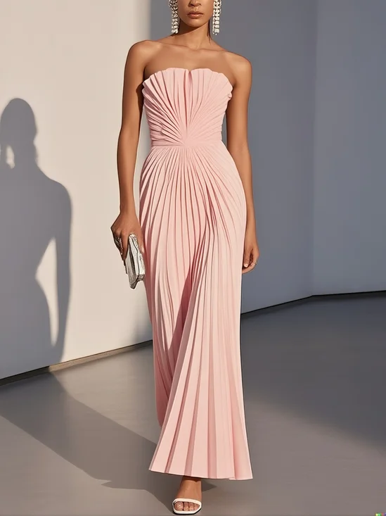 White Pleated Classic Strapless Sleeveless A-Line Maxi Dress
