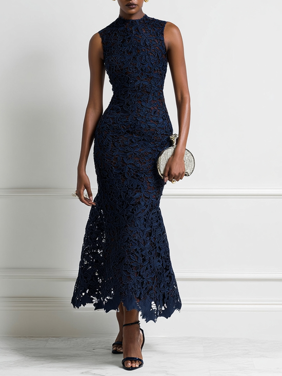 Purplish blue Lace Mock Neck Sleeveless Mermaid Maxi Dress