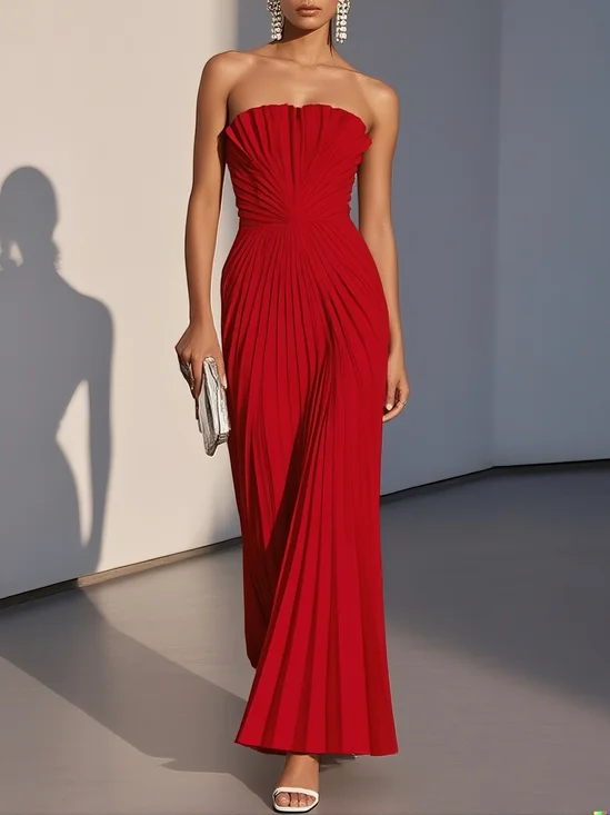 Red Pleated Classic Strapless Sleeveless A-Line Maxi Dress