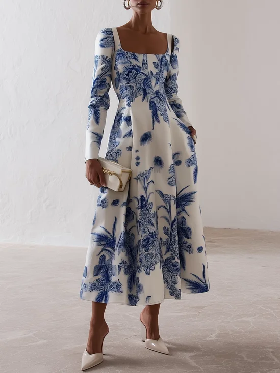 Blue Floral Classic Square Neck Long Sleeve A-Line Midi Dress