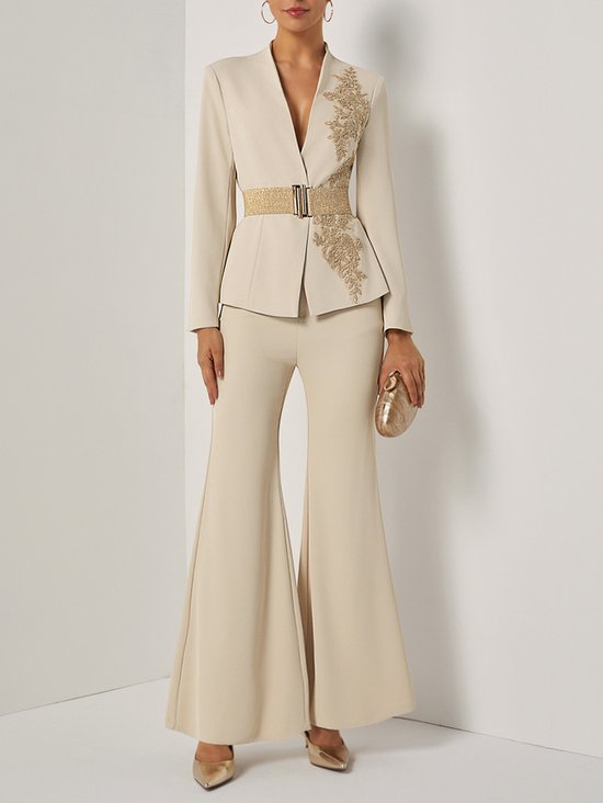Women Apricot Applique Embroidery Deep V Neck Long Sleeve Dressy Coat With Pants Two-Piece Set