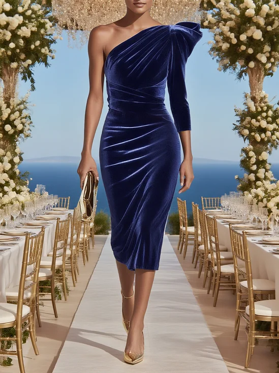 Royal Blue One Shoulder Three Quarter Sleeve Sheath Midi Velvet Dress