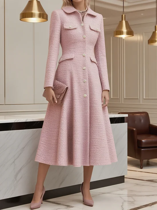 Pink Buckle Tweed Pointed Collar Long Sleeve A-Line Midi Dress