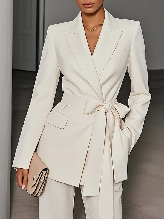 Women Spring/Fall White Pocket Stitching Blazers